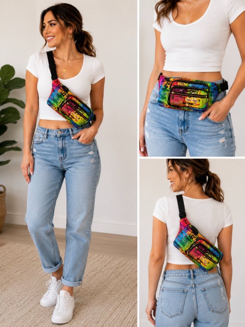 Graffiti Faux Vegan Leather Belt Bag- Colorful Crossbody Funny Pack- Adjustable